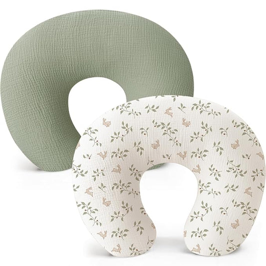 Konssy Muslin Nursing Pillow Covers, Soft and Cute Nursing Covers for Breastfeeding Pillows, Ideal for Newborn Baby Boys and Girls (Fog Green, Sprout) - 2 Pack
