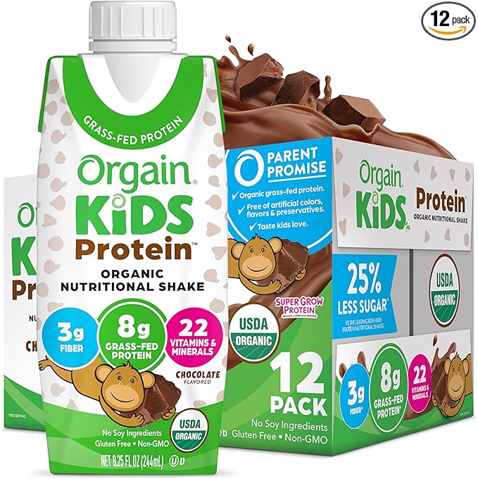 Orgain Organic Kids Protein Nutritional Shake, Chocolate - 8g of Protein, 22 Vitamins & Minerals, Fruits & Vegetables, Gluten Free, Soy Free, Non-GMO, 8.25 Fl Oz (Pack of 12)