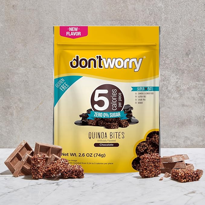 Don't Worry Chocolate and Blue Berry Quinoa Bites 4 Pack- Low Calorie Keto Snacks, Only 4 Calories Healthy Chocolate Granola Bars, Low Carb Quinoa Cookie, Gluten Free High Protein & Fiber Cookies