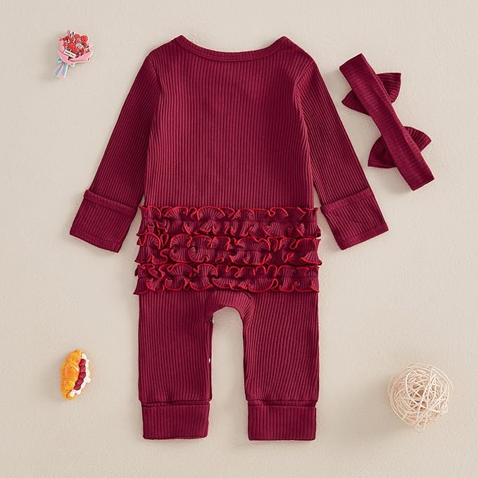 Newborn Baby Girls Rompers Knit Round Neck Long Sleeve Infant Fall Jumpsuits with Headband Coming Home Outfit