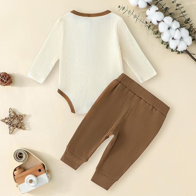 Newborn Baby Boy Girl Clothes Ribbed Knit Cotton Long Sleeve Romper Long Pant Preemie Solid Color Unisex Outfits