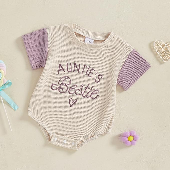 SAYOO Aunties Bestie Baby Girl Clothes Letter Embroidery Waffle Color Block Sweatshirt Bodysuit Fall Bubble Romper Pullover