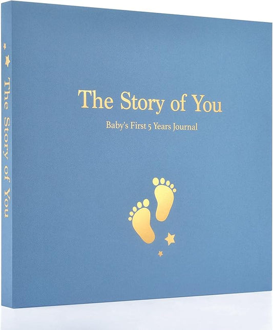 Baby Memory Book First 5 Year Boy or Girl Keepsake Journal Photo Albums Scrapbook, Gifts for Baby Shower First Time Mom New Parents (Footprint - Blue)