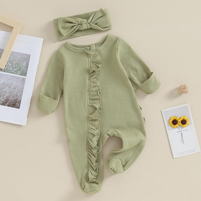 Newborn Girl Clothes Baby Girl Coming Home Outfit Zipper One-piece Outfits Ruffle Footie Bodysuit Jumpsuit Headband