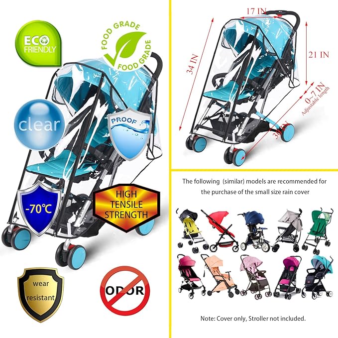 Baby Stroller Rain Cover Umbrella Weather Shield Accessories Universal Size Protect from Rain Wind Snow Dust Water Proof Ventilate Clear Food Grade Materia EVA Plastic Zipper Black (Small)