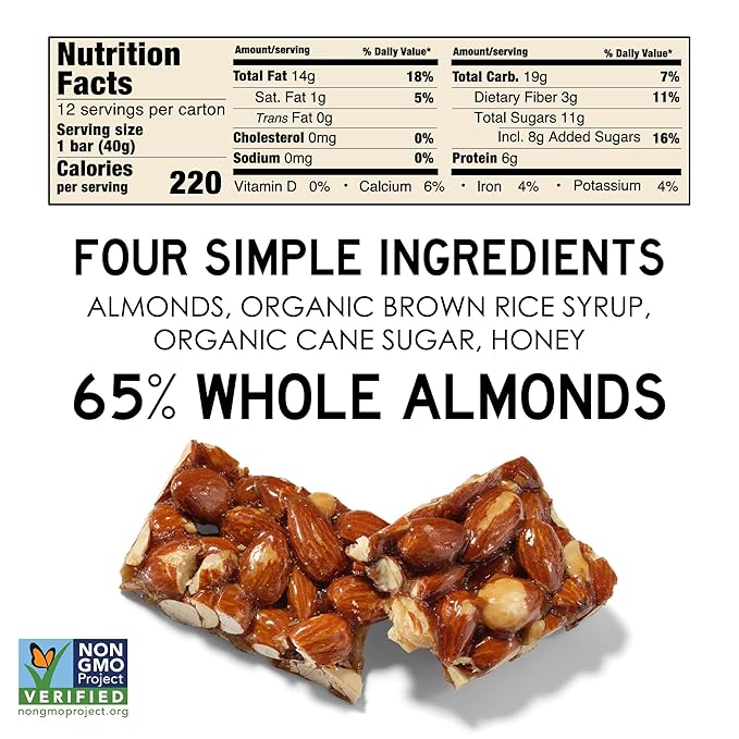 South 40 Snacks Almond Bar, Extra Crunchy Nut Snack Bar, Simple Ingredients, Honey and Sugar, Delicious Healthy Whole Almonds Nut Clusters, Individually Wrapped, 6g Protein (40g Bar, Pack of 12)