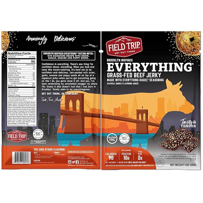 Field Trip Beef Jerky | Gluten Free Jerky, Low Carb, Healthy High Protein Snacks With No Nitrates, Made With All Natural Ingredients | Everything Bagel | 1oz Bags, 12 Pack