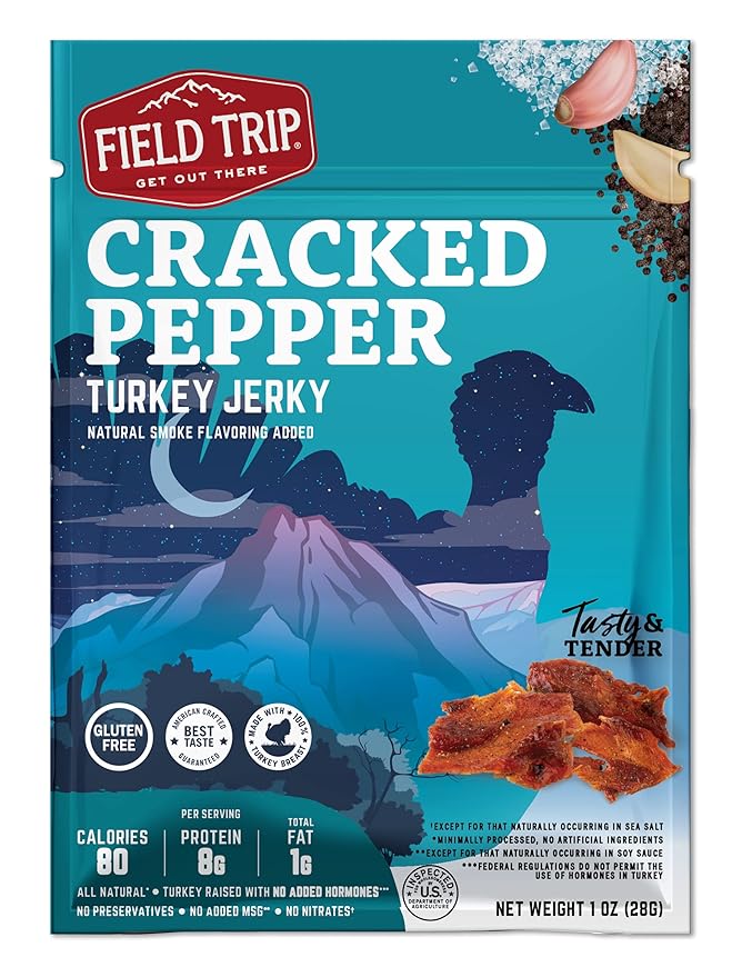 Field Trip Turkey Jerky, Gluten Free, Low Carb, Healthy High Protein Snacks, No Nitrates, All Natural Ingredients, Cracked Pepper, 1oz Bags, 12 Pack