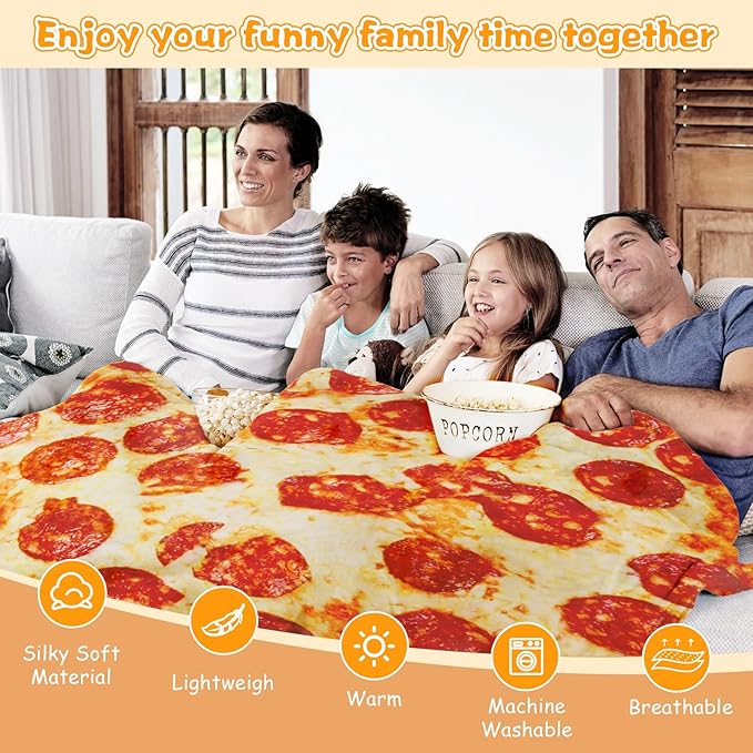 Lhedon Pizza Blanket for Teen Kids, 60 Inch Throw Blanket, Round Pepperoni Pizza Food Blanket, Funny Gifts for Boy Girl, Soft Flannel Blanket for Bed Office Travel
