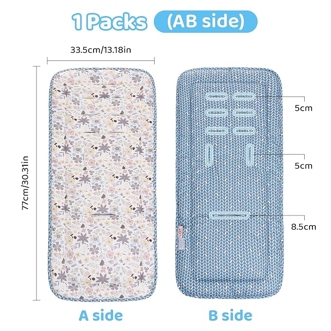 Baby Stroller Cushion,Infant Car Seat Insert-Reversible Universal Breathable and Soft Newborn Stroller Mat,100% Cotton Cover Toddler Seat Pad Liner-34x78cm,1 Pack(Colorful Flowers+Blue Triangle)