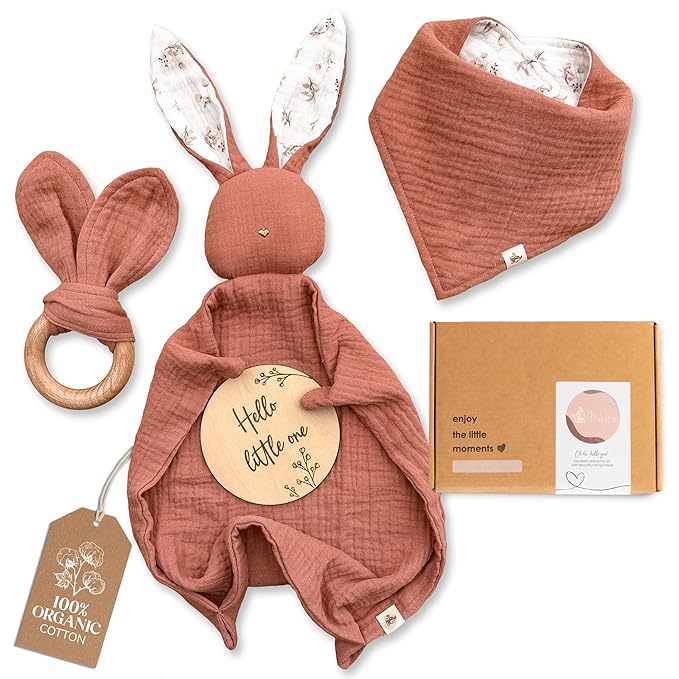 Mikito Organic Cotton Newborn Gifts Box, Unisex Loveys & Accessories incl. Muslin Baby Comforter + Baby Bandana Bib + Wooden Teether + Birth Announcement Sign