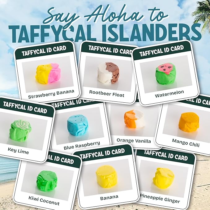 Snackathon Salt Water Taffy Assorted Mix – Taffycal Island Edition, 10-Flavor Tropical Variety, Individually Wrapped Soft & Chewy Gourmet Candy, Unique 7 oz Themed Bag for Gifting