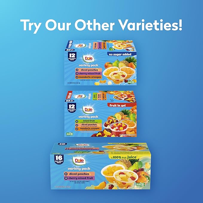 Dole Diced Peaches, Mandarin Oranges, and Cherry Mixed Fruit in 100% Juice Variety Pack - Dole Fruit Bowls Snacks - 4 oz Bowls - 12 Pack
