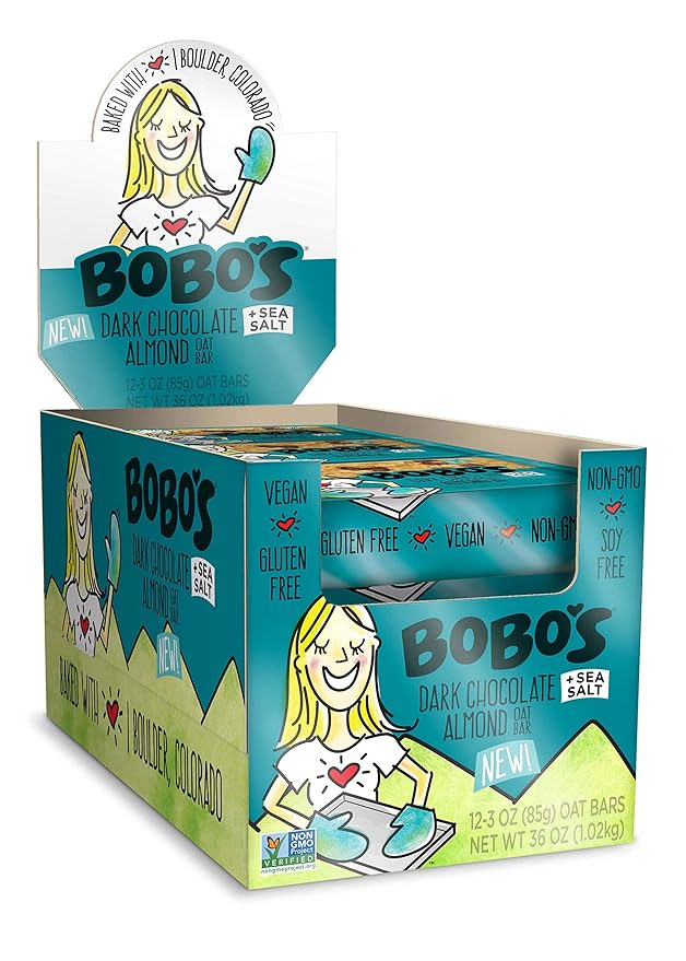 Bobo's Oatmeal Bars, Dark Chocolate Almond Sea Salt, Gluten Free Vegan Whole Grain Oat Bars, Pack of 12