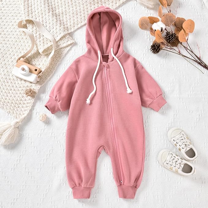 Unutiylo Unisex Baby Boys Girls Long Sleeve Infant Baby Zipper Hooded Jumpsuits Romper Loose Outfit Clothes