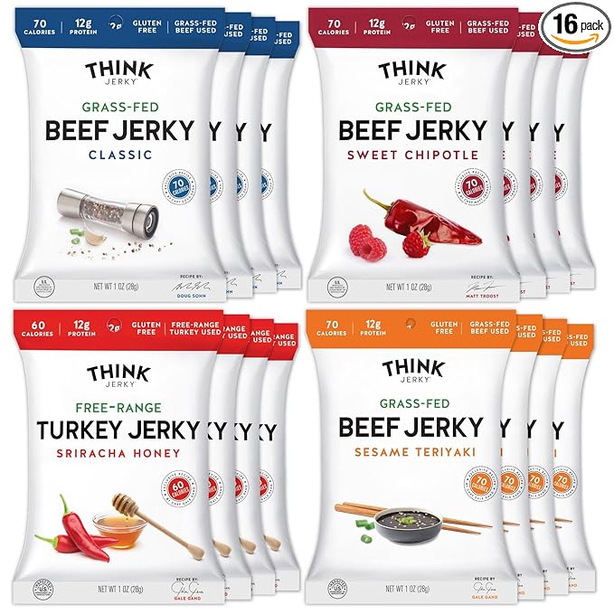 Think Jerky Beef and Turkey Jerky Variety Pack, Original, Sweet Chipotle, Sriracha Honey, Sesame Teriyaki, Healthy Jerky Snack, Healthy Meat Snack, Low Calorie Low Fat - 1.0 oz Bags, 16 Pack