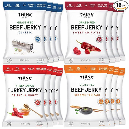 Think Jerky Beef and Turkey Jerky Variety Pack, Original, Sweet Chipotle, Sriracha Honey, Sesame Teriyaki, Healthy Jerky Snack, Healthy Meat Snack, Low Calorie Low Fat - 1.0 oz Bags, 16 Pack