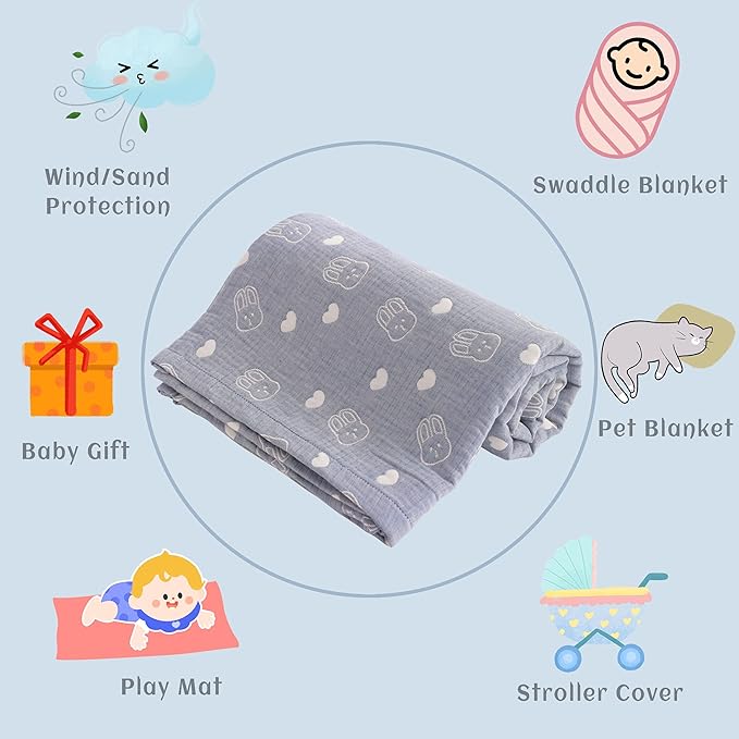 NTBAY 3 Layer Oversized Muslin Cotton Toddler Blanket, Jacquard Reversible Nursery Bed Blanket, Super Soft and Thermal for All Seasons, Baby Gift, 45"x60", Blue Rabbit