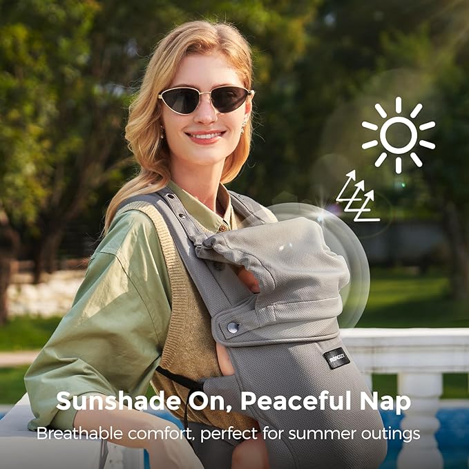 Momcozy Newborn Baby Carrier - Ergonomic, Cozy and Lightweight Carrier for 7-24lbs, Adjustable Neck Support with Sunshield, Breathable Airmesh Perfect for Summer Outing, Purplish Grey