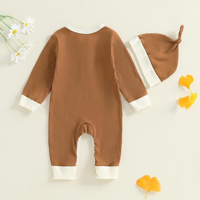fhutpw Newborn Baby Boy Clothes Ribbed Knit Bodysuit 3 6 Months Infant Fall Long Sleeve Splicing Color Romper Jumpsuit & Hat
