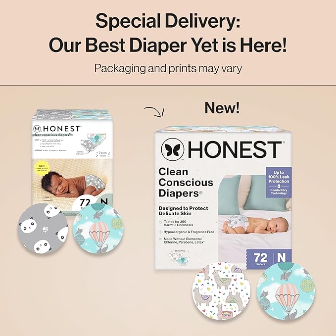 The Honest Company Clean Conscious Diapers for Delicate Skin | Up to 100% Leakproof | Hypoallergenic, Fragrance Free | Gender Neutral | Club Box, Size Newborn, 72 Count (Prints May Vary)