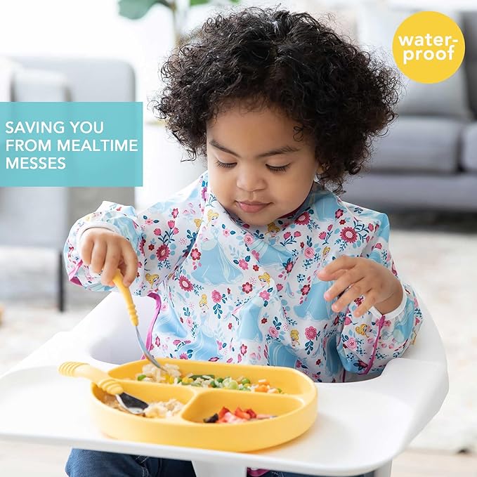 Bumkins Disney Bibs, Baby and Toddler Girls and Boys 6-24 Months, Long Sleeve, Essential Must Have for Eating, Feeding, Mess Saving Lightweight Waterproof Fabric Sleeved Smock, Cinderella