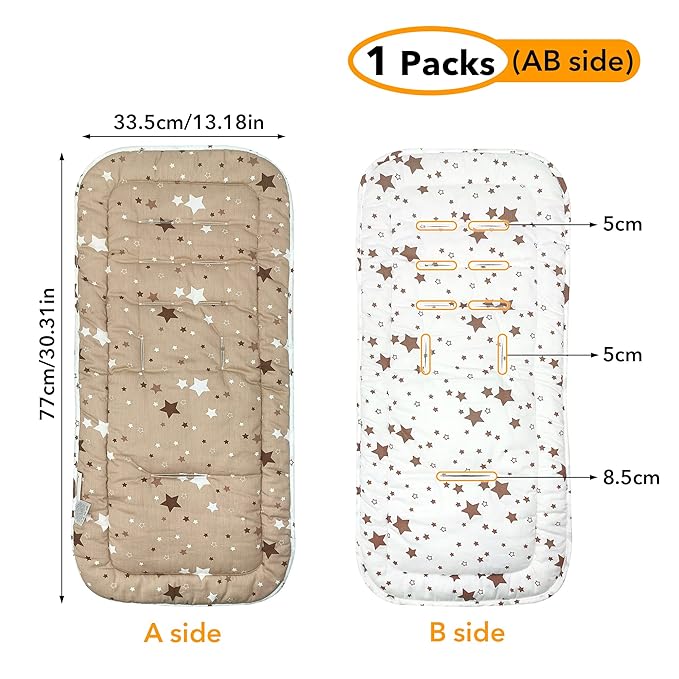 Baby Stroller Cushion,Infant Car Seat Insert-Reversible Universal Breathable and Soft Newborn Stroller Mat, 100% Cotton Cover Toddler Seat Pad Liner-34x78cm,1 Pack（White + Brown Stars）