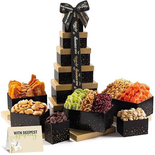 NUT CRAVINGS Gourmet Collection - Sympathy Condolence, Nuts & Dried Fruits Tower Gift Basket, with Sympathy Ribbon + Greeting Card (12 Assortments) Food Arrangement, Healthy Snack, Food Assortments