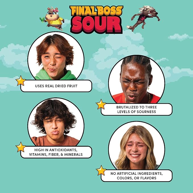 Final Boss Sour Candy, Sour Cranberries, 10 Pack, Level 2, Fruit Chews with Real Dried Fruit, No Artificial Colors or Flavors, Low Calorie Snack for Kids, Teens, Adults, Lunch Boxes & On The Go