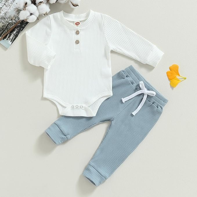Newborn Baby Boy Girl Clothes Ribbed Knitted Long Sleeve Romper Pants Solid Cotton Infant Fall Winter Outfits 2Pcs