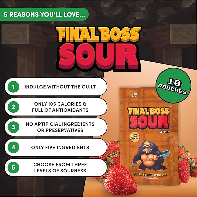 Final Boss Sour Candy, Sour Strawberries, 10 Pack, Level 3, Fruit Chews with Real Dried Fruit, No Artificial Colors or Flavors, Low Calorie Snack for Kids, Teens, Adults, Lunch Boxes & On The Go