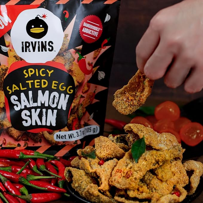 IRVINS Hot Boom Spicy Salted Egg Salmon Skin Chips Crisps | Premium Hand Cooked | Halal | High Protein | Keto-Friendly | 3.7 oz (Pack of 6)