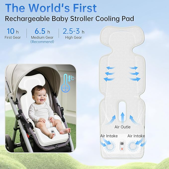 Rechargeable Baby Stroller Cooling Pads with Dual Blower -10000mAh Battery Operated Cooling Cushion, Max 10H Cooling, 3 Speeds, Baby Summer Essential Breathable Car Seat Liner for Outdoors Stroller