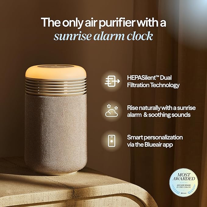 BLUEAIR Purifier for Bedroom - Mini Restful - Sunrise Clock with HEPASilent Filtration and Wake Up Light - Cleans Air and Supports Circadian Rhythm - USB-C and App Connectivity