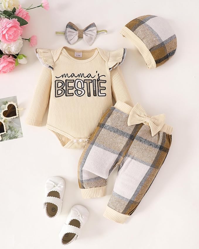 SUNNY PIGGY Baby Girl Clothes Newborn Outfits Infant Ruffle Romper 0-18M Fall Winter Flower Plaid Pants Clothing Set