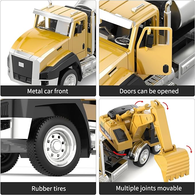 TEMI 3 Pack of Diecast Engineering Construction Vehicles, Dump Truck, Digger, Mixer Truck, 1/50 Scale Metal Collectible Model Cars, Pull Back Car Toys with Opening Doors for Boys and Girls