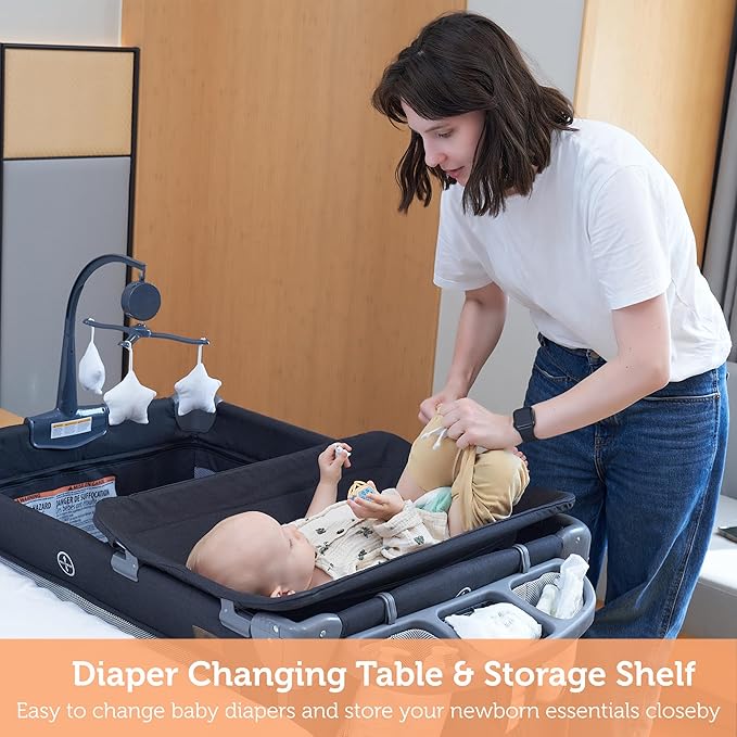 5 in 1 Baby Bedside Sleeper,Baby Pack and Play with Bassinet & Mattress,Portable Bedside Crib with Storage, Playard with Bassinet from Newborn to Toddlers(Dark Grey) (Light Gray)