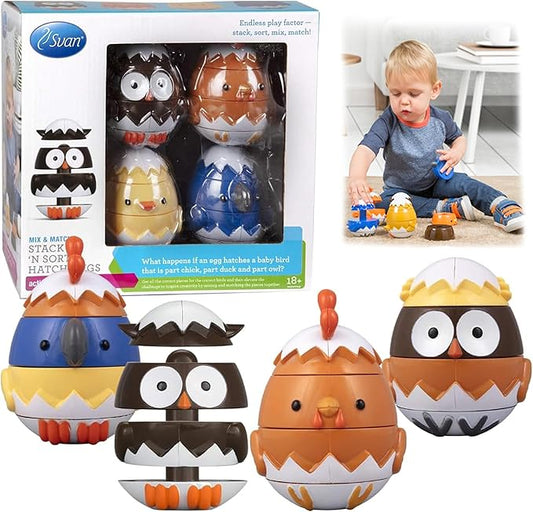 Egg Stacking & Sorting Animals, Mix & Match Adorable Hatching Friends- 4 Different Animals- Creative, Educational & Imaginative Hands On Building Toys- Baby Toddler Kids Xmas Gift- Chick Owl Duck Bird