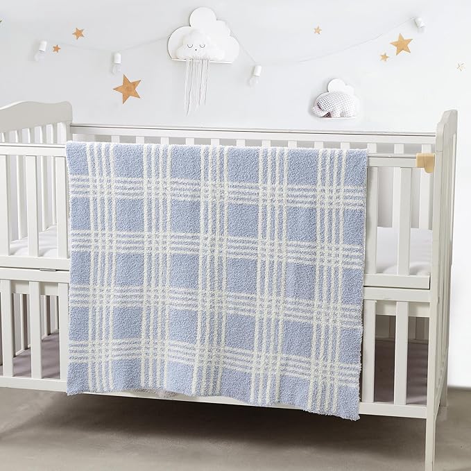 CREVENT 30"X40" Cozy Soft Warm Knitted Baby Blanket for Girls Boys, Newborn Essentials for Infant, Baby Shower Receiving Gift - Line Checked Blue 75X100cm