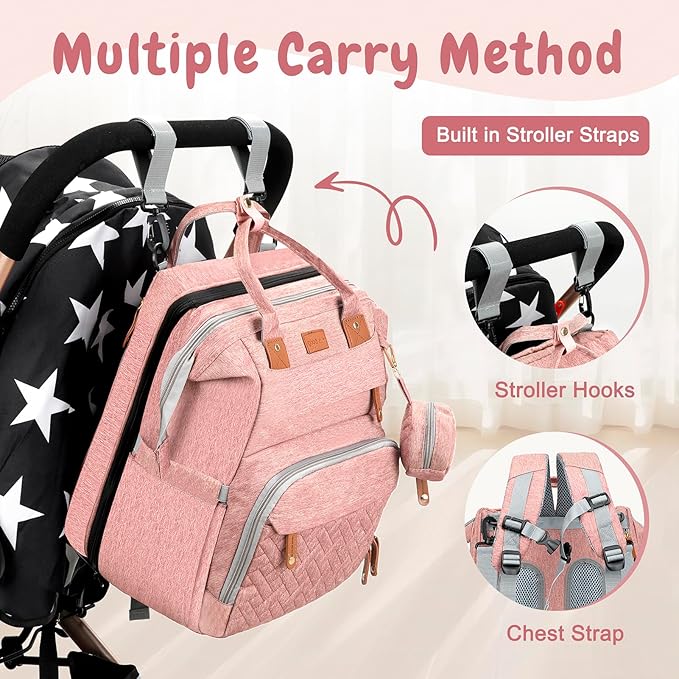 JOYCE Diaper Bag, with Diaper Changing Station, Multi-functional Large-capacity Diaper Bag Backpack, Best Gift for Newborns, Travel Essentials Diaper Bag Backpack (Pink)