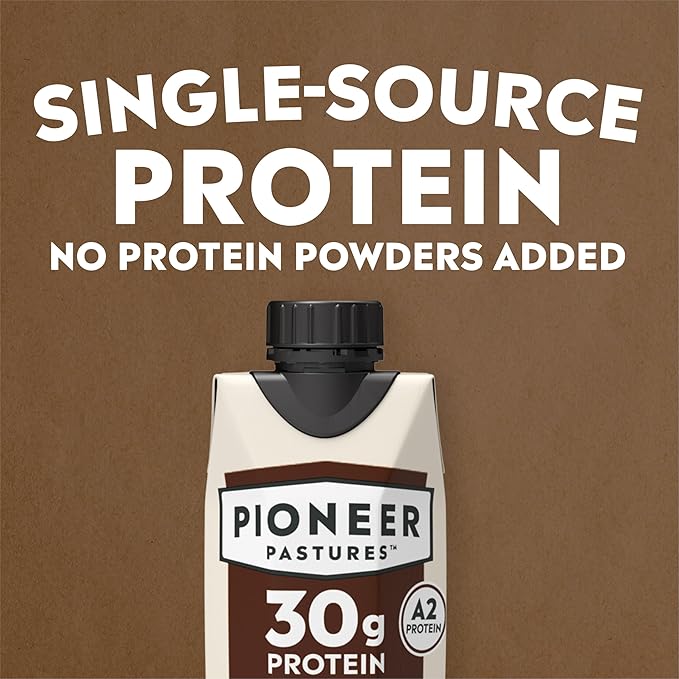 Pioneer Pastures - High Protein A2 Milkshakes - Chocolate - A2 Nutritional Milk, 30g Protein, 2g Sugar, No Artificial Sweeteners, No Seed Oils - All-Natural, Breakfast Shake, Meal Replacement, Workout - 11oz, 12 Pack