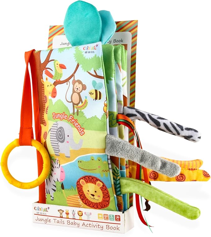 Jungle Tails Baby Activity Book, 3D Touch and Feel Crinkle Cloth Books, Montessori Activity Book for Fine Motor Skills