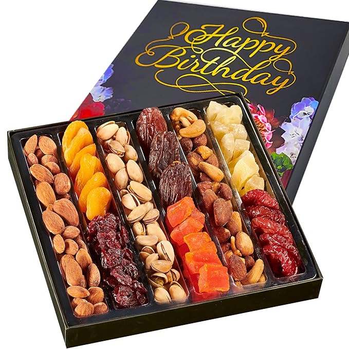 Happy Birthday Dried Fruit & Nuts Gift Basket Arrangement Platter, Gourmet Food Snack Box, Birthday Care Package, Healthy Kosher, Her Him (9 Assortments)