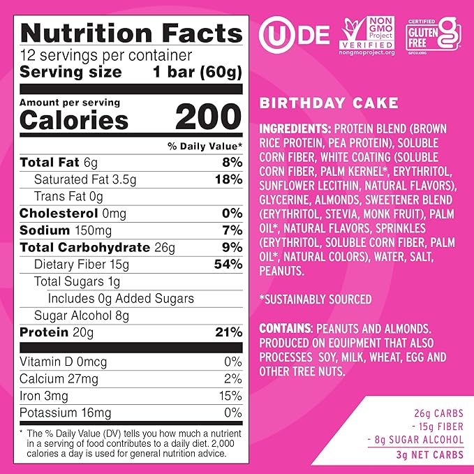 No Cow High Protein Bars, Dipped Birthday Cake - Healthy Snacks, 20g Vegan Protein, High Fiber, Low Sugar, Keto Friendly, Dairy & Gluten Free (12 Count)