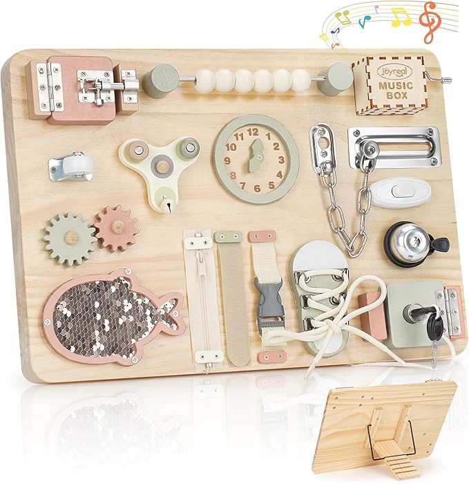 Joyreal Montessori Large Busy Board with Stand, Montessori Sensory Toys for Fine Motor Skills, Wooden Fidget Activity Board for Toddlers, Gifts for Boys Girls (Large Neutral)