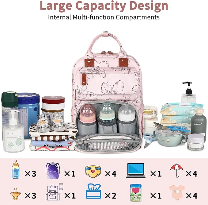 Diaper Bag Backpack, Baby Girl Diaper Bag for Mom, Large Pink Floral Diaper Bag Backpack for Girls, Waterproof Mom Backpack for Work Travel Holiday with Insulated Pockets and Stroller Straps