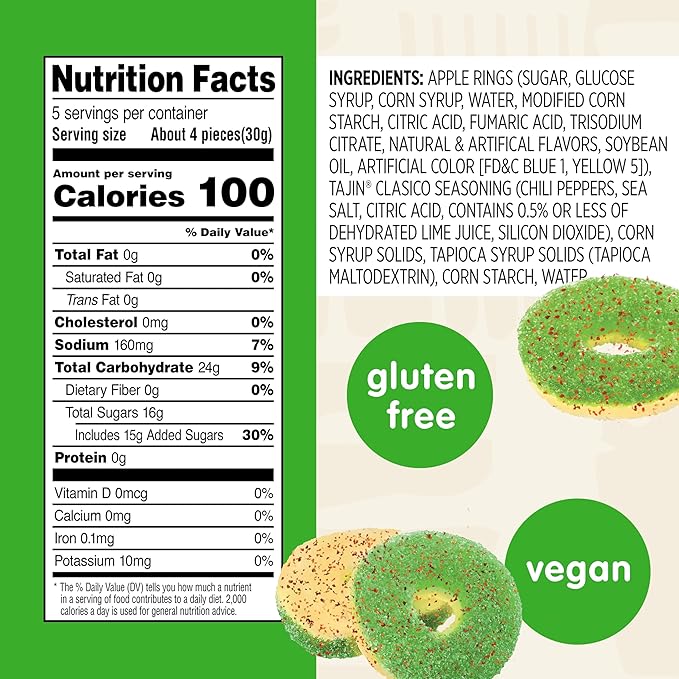 Snak Club Tajin Apple Rings Gummy Candy, Fruit Candy Gummies with Chili and Lime Seasoning, Mild, Gluten-Free and Vegan Snacks, 5 oz Resealable Bags, 6 Pack