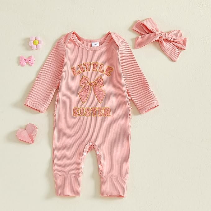 WZTYYDS Newborn Baby Girl Clothes Ribbed Romper Print Long Sleeve Jumpsuits Bow Headband Set Infant One-piece Outfits