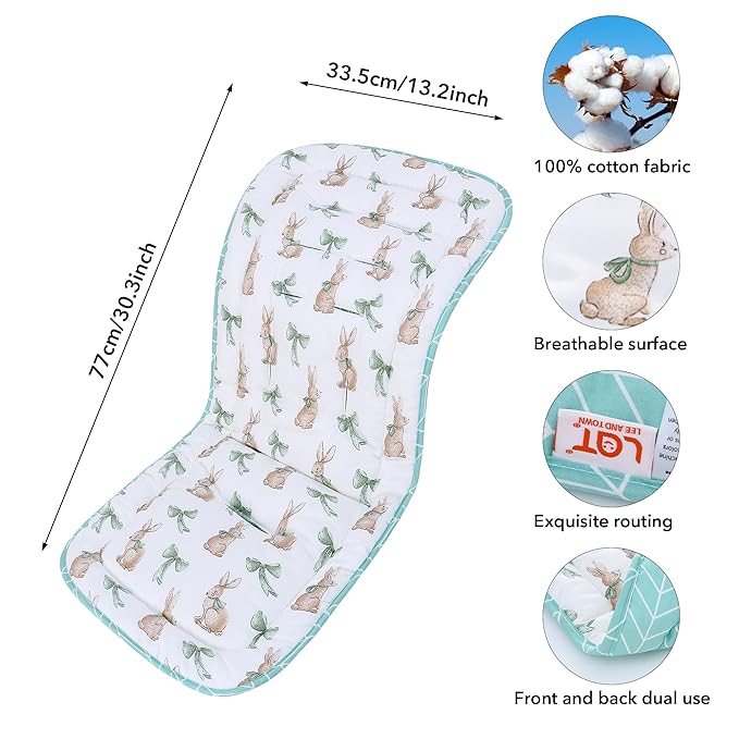 Baby Stroller Cushion,Infant Car Seat Insert-Reversible Universal Breathable and Soft Newborn Stroller Mat,100% Cotton Cover Toddler Seat Pad Liner-34x78cm,1 Pack(Rabbit+Green)