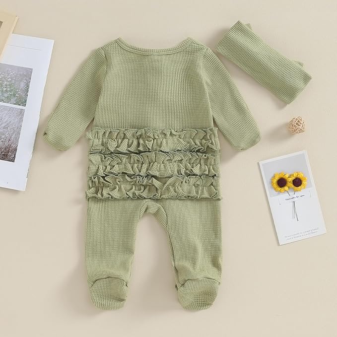 Newborn Girl Clothes Baby Girl Coming Home Outfit Zipper One-piece Outfits Ruffle Footie Bodysuit Jumpsuit Headband
